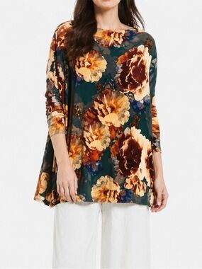 Bryn Walker Dimitri Watercolor Floral Pullover Tunic Top M Lagenlook Artsy Boho‎
